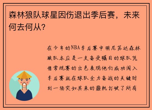 森林狼队球星因伤退出季后赛，未来何去何从？
