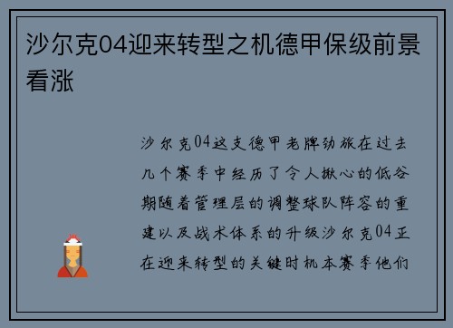 沙尔克04迎来转型之机德甲保级前景看涨